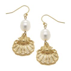 Gold Scallop & Genuine Freshwater Pearl Wire Earrings 1.86 inches Handcast 24Kt Gold Plated Handmade in San Antonio, TX