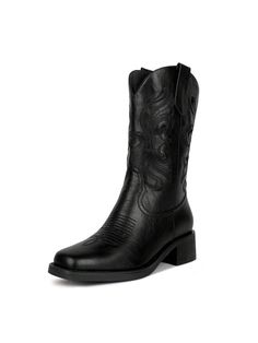 [Size] The heel height of cowboy boots is 4.5 cm/1.77".
[Material] The cowboy boots for women have a durable rubber sole and soft lining, non-slip and breathable. Low chunky heel provides full arch support, suitable for your whole day wearing.
[Design] The cowgirl boots are designed with unique embroidery, wood grain heel and square toe, wearing them anywhere to effortlessly show off your vintage western style.
[Occasion] The cowboy boots for women are ideal boots for everywhere from work to par Mid-calf Boots For Western-themed Winter Events, Western Style Fitted Platform Boots With Round Toe, Black Mid-calf Boots For Western-themed Winter Events, Black Mid-calf Boots For Winter Western-themed Events, Western Style Moto Boots With Square Toe For Winter, Western Style Square Toe Moto Boots For Winter, Black Heeled Boots For Western-themed Winter Events, Western Style Mid-calf Boots With Square Toe For Winter, Western Style Black Mid-calf Boots With Square Toe