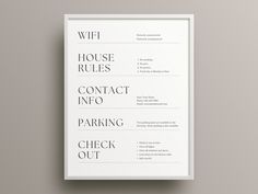 a white poster with the words wifi, house rules, contact info and parking check out