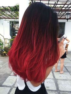 black to red, long and straight hair, ombre curly hair, paved street, white top Red Balayage Hair, Wine Hair Color, Black Red Hair, Red Ombre Hair, Wine Hair, Ombré Hair, Ombre Hair Color