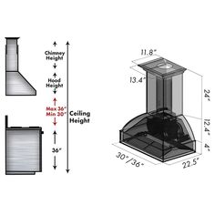 a drawing of a stove and chimney with measurements