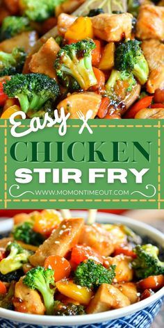 chicken stir fry with broccoli and carrots in a blue and white bowl