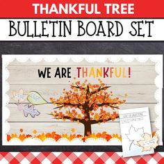 a bulletin board with the words, we are grateful and an image of a tree