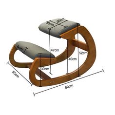 a wooden rocking chair with measurements for the seat and footrests in front of it