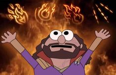 a cartoon character with his arms in the air and fire behind him, as if he is screaming