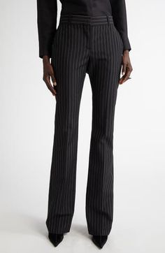 Impeccably tailored in a sleek bootcut from a wool-mohair blend, these pinstriped pants add a polished finish to any look. Zip fly with hook-and-bar closure Front slant pockets; back button-welt pocket 75% wool, 25% mohair Dry clean Made in Italy Designer Clothing Elegant Fitted Pinstripe Pants, Elegant Fitted Pants With Vertical Stripes, Elegant Striped Office Pants, Elegant Striped Pants For Office, Elegant Pinstripe Formal Bottoms, Elegant Pinstripe Dress Pants, Elegant Pinstripe Bottoms For Formal Occasions, Chic Pinstripe Pants For Formal Occasions, Elegant Pinstripe Straight Leg Pants