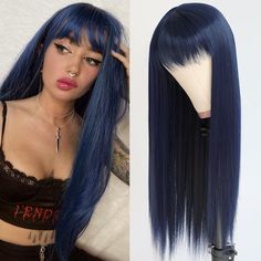 PRICES MAY VARY. Maycaur Blue Synthetic Wigs with Full Bangs& No Lace in Front Full Machine Made. Average Cap Size(21-23.5Inch) With Adjustable Straps at Back. High-quality Heat Friendly Fiber Looks and Feels Like Natural Hair; Plus It Can be Styled with Heat Tools. Heat Resistant Fiber Hair up to 160 Degrees Centigrade (320 Degrees Fahrenheit). Long Blue Color Wigs for Women Dressing Up to comic con, cosplay show, halloween, costume party,anime show, cosplay event & daily use and any other occa No Lace Wigs, Natural Straight Hair, Full Bangs, Blue Wig, Hair Detangler, Wigs Online, Hair Density, Long Wigs, Straight Wig