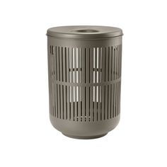 a grey trash can on a white background