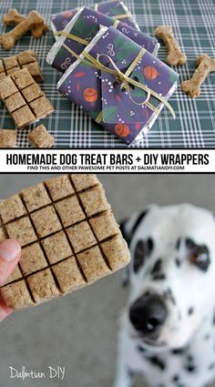 homemade dog treat bars and diy wrappers for dogs to use as gifts or treats