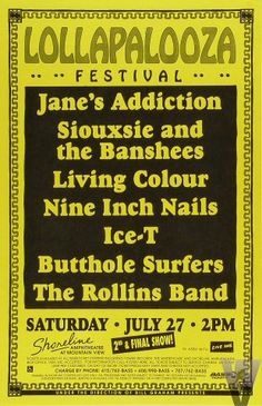 an old concert poster with the band's name and dates in black on yellow