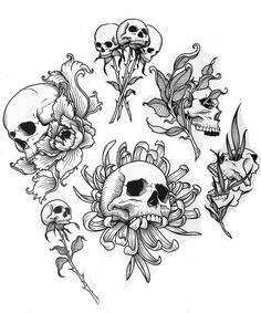 skulls and flowers tattoo designs on white paper