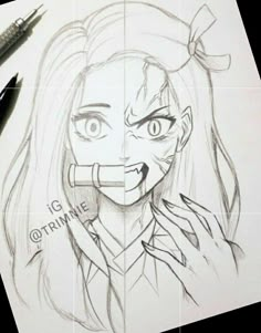 a pencil drawing of a girl with long hair and an evil look on her face