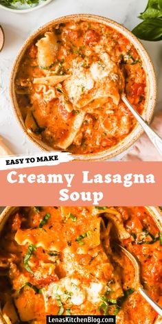 creamy lasagna soup in a bowl with spoons