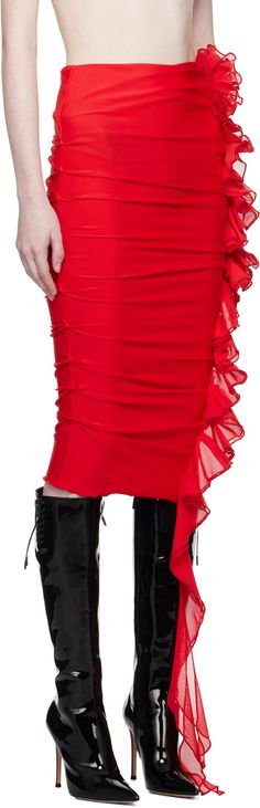 Stretch polyester jersey skirt. Gathering throughout. · Floral appliqué at waist · Ruffled extended trim at front · Lettuce edge at hem Supplier color: Red Skirt Gathering, Club Red, Jersey Skirt, Mid Length Skirts, Going Out Outfits, Floral Applique, Top Trends, Lettuce, Apparel Accessories