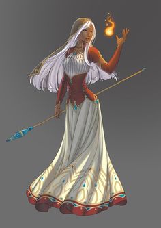 a woman with long white hair holding a wand and an orange ball in her hand