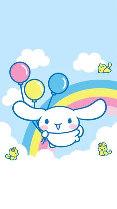 a cartoon bunny flying through the air with balloons in front of a rainbow and clouds