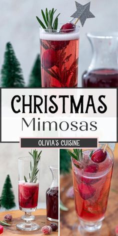 christmas mimosas with cranberry juice and rosemary garnish in glasses