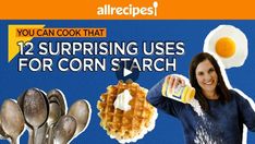 a woman holding up a can of corn starch next to spoons and eggs