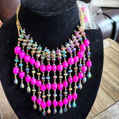 Woven Palm Necklace Party Jewelry With Pink Dangling Beads, Pink Costume Jewelry For Party, Purple Necklaces With Dangling Beads, Pink Beaded Chain Costume Jewelry, Pink Beaded Costume Jewelry, Pink Beaded Choker Jewelry, Adjustable Multi-strand Pink Jewelry, Pink Adjustable Beaded Necklaces For Costume Jewelry, Pink Beaded Chain Costume Necklaces