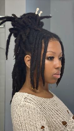 Locs And Chopsticks, Styling Locs With Scarf, Styling Long Locs Black Women, Loctician Aesthetic, Brown Locs With Highlights, Locs Pineapple, Large Locs Black Women, Claw Clip Locs, Barrel Twist Locs Women Short Hair