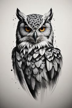 an owl with yellow eyes is shown in black and white