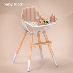 a baby high chair with food on it