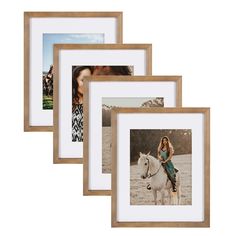 three frames with photos of a woman and a horse on them, one is white the other is brown