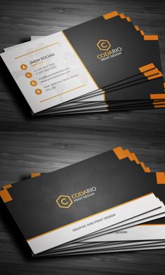 two sided business card with orange and black accents