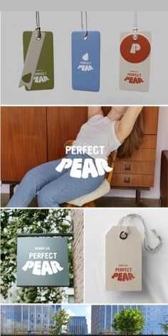 several different tags with the words perfect pear on them and an image of a woman leaning against a wall