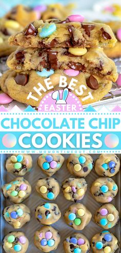 chocolate chip cookies are stacked on top of each other with colorful candies in the middle