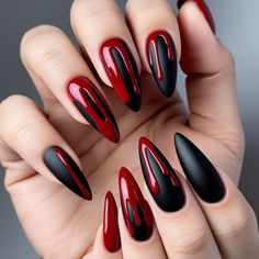 “Get spooky with these realistic bloody drip nails! Perfect for Halloween, this nail art uses freehand painting with red gel polish to create a chilling, blood-soaked effect. Red Dragon Nail Design, Halloween Nails Red Black, Vampire Nails Coffin Shape, Matte Black Blood Drip Nails, Simple Blood Nails, Halloween Red And Black Nails, Blood French Tip Nails, Freehand Design, Halloween Blood Nails Design