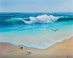 a painting of two birds flying over the ocean and beach with waves crashing on it