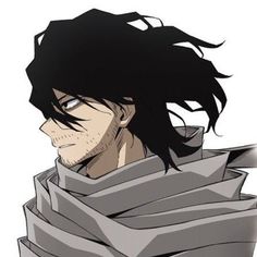 an anime character with long black hair wearing a gray scarf and looking off to the side