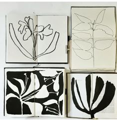 four different black and white paintings on paper with lines in the shape of leaves next to each other