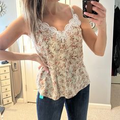 New Without Tags Floral Cami With Adjustable Straps Trendy Lace Trim Camisole For Spring, Floral Cami, Shein Tops, Floral Tops, Adjustable Straps, Womens Tops, Cream, Tags, Floral