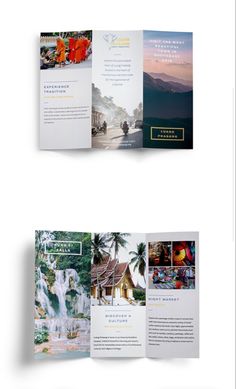 an open brochure is shown in three different sections, with the same image on it