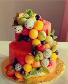 there is a cake decorated with fruit on the table