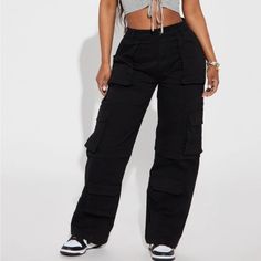 Can’t Deny Cargo Pants By Fashion Nova - New, Never Worn - Thick Material - High Rise - Multiple Pockets - Size Large Black Women Cargo Pants, Non-stretch Bottoms With Cargo Pockets For Streetwear, Edgy Mid-rise Cotton Pants, Non-stretch Cargo Style Bottoms For Streetwear, Edgy Cotton Bottoms With Side Pockets, Edgy Cotton Bottoms With Pockets, Black Full-length Cargo Jeans, Edgy Full-length Cargo Pants With Pockets, Black Full Length Cargo Jeans