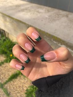 Dark Green With Black Nails, Foundation And Concealer Application, Simple Green Nails Square, Pretty Acrylic Nails Green, Green Acrylic French Tips, Clean Asethic Nails, Pretty Green Nail Designs, Green Tip Nails Coffin, Green French Tips With Design