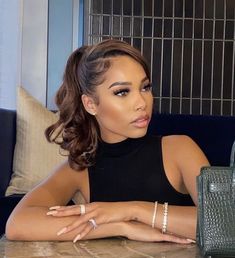 Updos For Ball Gowns, One Shoulder Dress Hairstyles Updos, Thick Hair Hairstyles Black Women, Wedding Ponytail Black Women, Updo Slick Hairstyles, New Year’s Eve Hair Ideas, Wedding Day Hair Black Women, Short Ponytail Black Women, Bun With Bangs Black Women Natural Hair