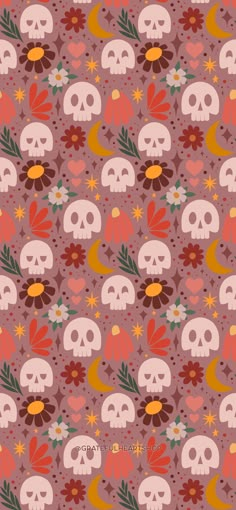 a pattern with skulls and flowers on the background is shown in red, pink, orange and