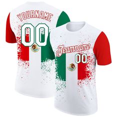 Custom White Kelly Green-Red 3D Mexican Flag Performance T-Shirt Custom Print T-shirt For Sports Events, Custom Team Spirit White Sublimation Shirt, White Team Spirit Sublimation Shirt With Custom Print, White Custom Print Shirt For Team Spirit, White Custom Print Sublimation Design For Team Spirit, Customizable White Sporty T-shirt, White Sublimation Fan Apparel For Sports Events, White Sports Fan T-shirt For Fan Events, Custom Print Sublimation Crew Neck For Fan Merchandise