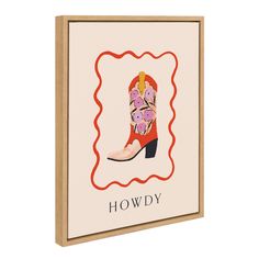 a card with an image of a woman's boot and flowers on the heel