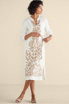 Intricate embroidery brings this timelessly tailored midi dress to life. 3/4 sleeves and a removable, braided rope belt complete this spring-to-summer style. Pullover style with elastic at the back waist. Soft Surroundings Clothing, Pearl Size Chart, Soft Surroundings Dresses, Rope Belt, Embroidered Midi Dress, Braided Rope, Intricate Embroidery, Vacation Dresses, Soft Surroundings