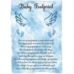 a baby footprints poem on a blue tie dye background with angel wings and paw prints