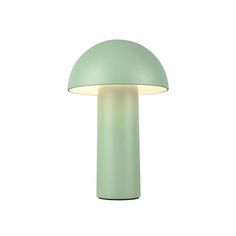 a green table lamp sitting on top of a white wall