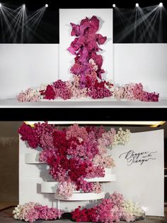 two pictures of flowers on display with lights in the background