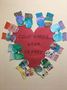 a red heart with many different pieces of paper on it that says coldhands warm hearts