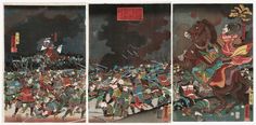 three paintings depicting the battle between two samurais