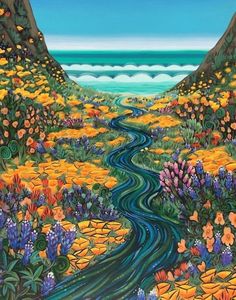 an image of a painting of a road going through the mountains with flowers on it